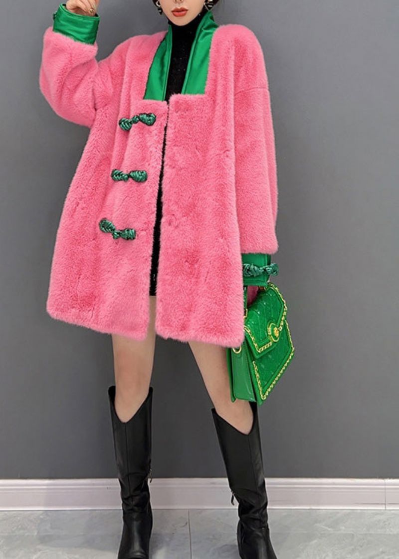 Leuke Roze V-hals Knop Warme Dikke Namaakbontjassen Winter - Dames winterjassen