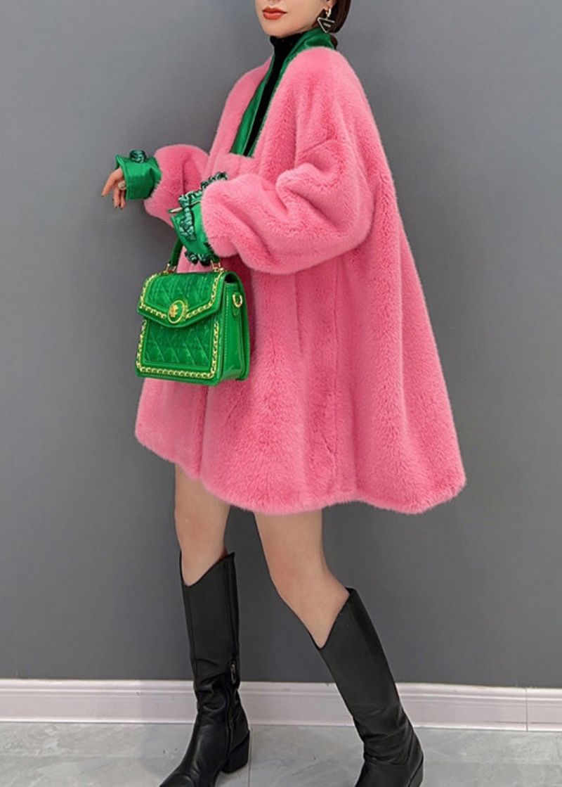 Leuke Roze V-hals Knop Warme Dikke Namaakbontjassen Winter - Dames winterjassen