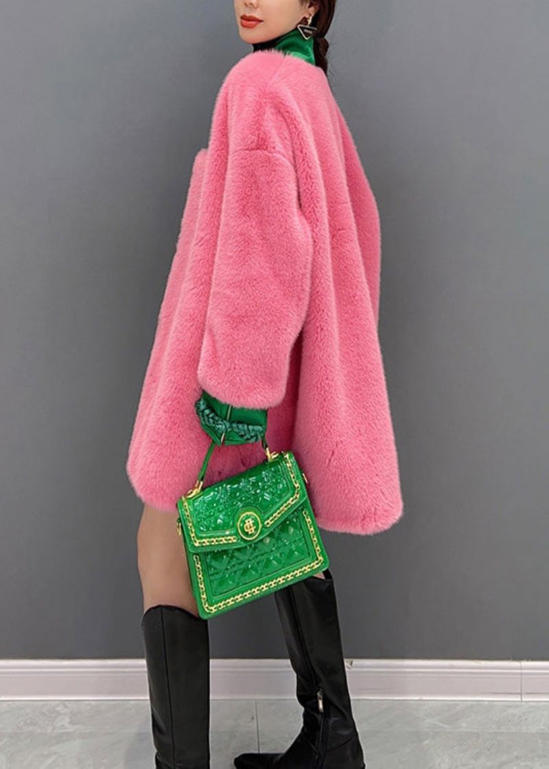 Leuke Roze V-hals Knop Warme Dikke Namaakbontjassen Winter - Dames winterjassen