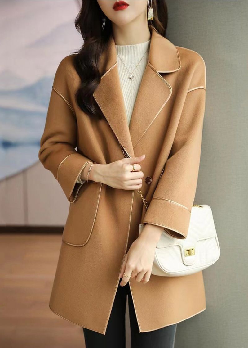 Licht Camelkleurige Wollen Trenchcoats Met Revers Oversized Herfst - Dames winterjassen