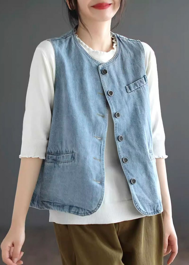 Lichtblauw Denim Gilet Met Patchwork Herfst