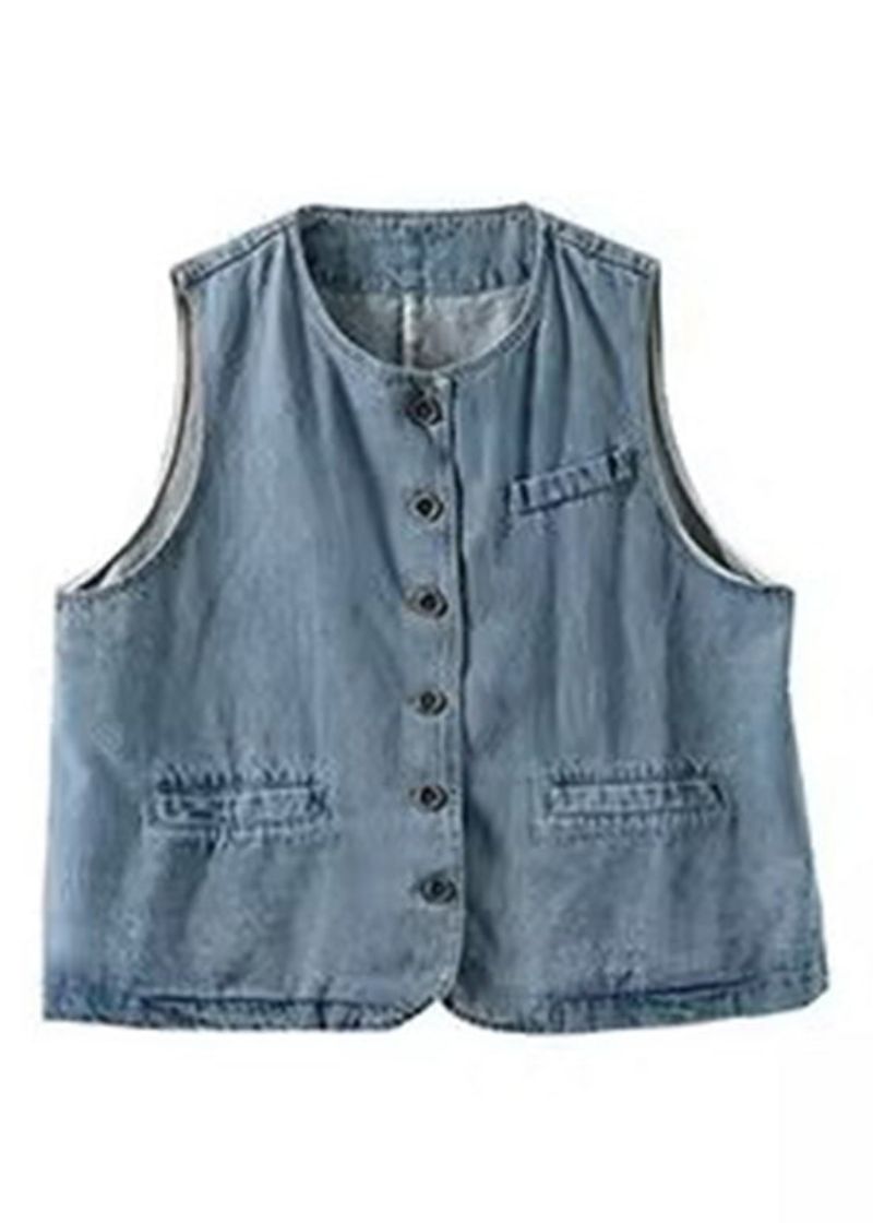 Lichtblauw Denim Gilet Met Patchwork Herfst - Lichtblauw