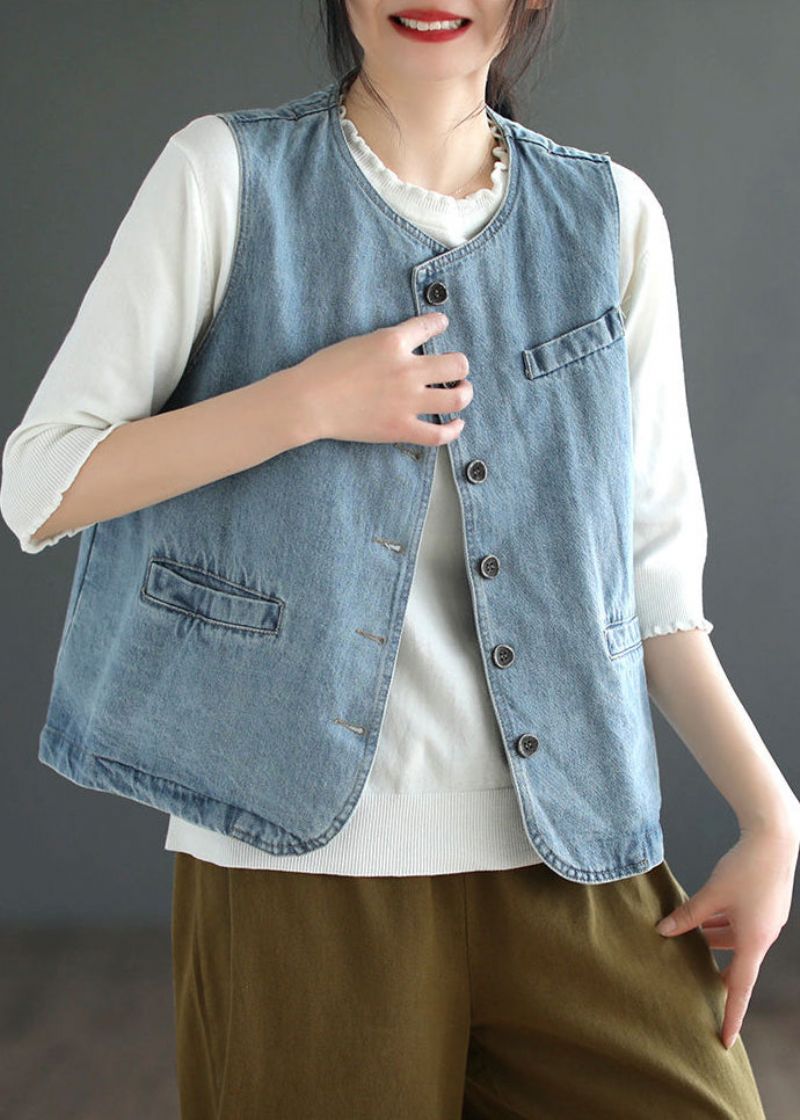 Lichtblauw Denim Vest Met O-hals En Knopen Herfst - Lichtblauw