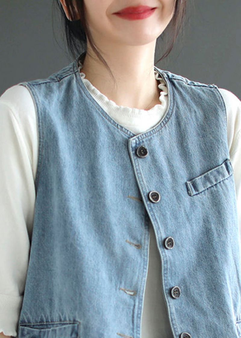 Lichtblauw Denim Vest Met O-hals En Knopen Herfst - Lichtblauw