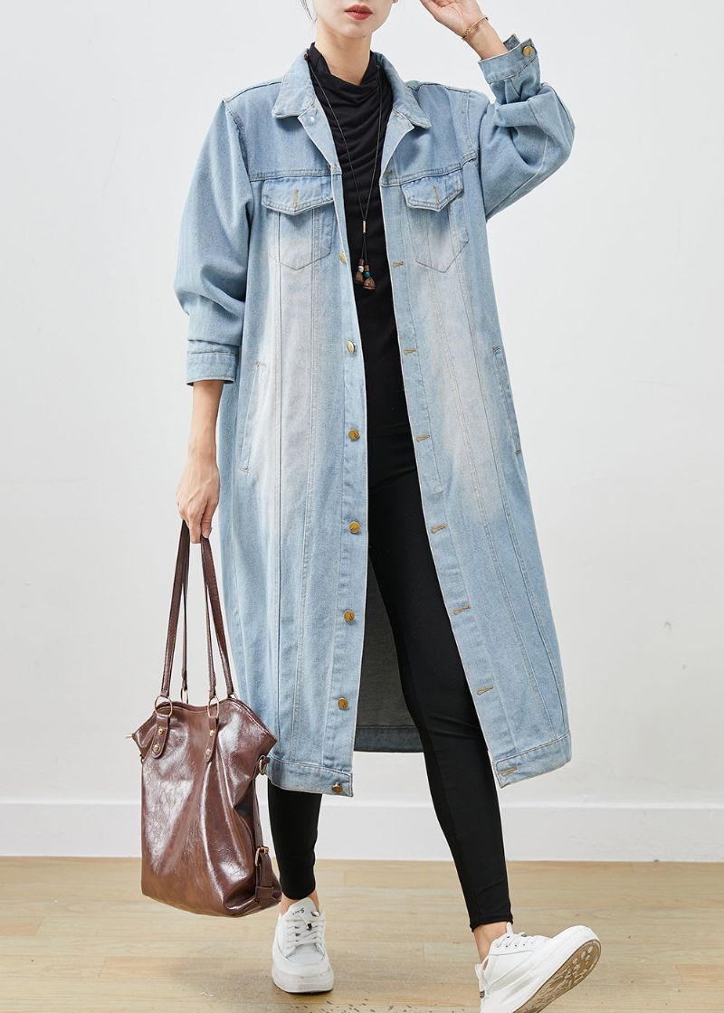 Lichtblauwe Denim Trenchcoat Oversized Button-down Lente