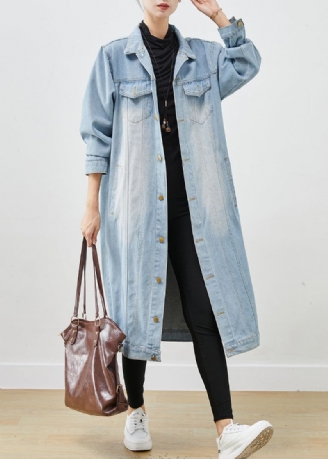 Lichtblauwe Denim Trenchcoat Oversized Button-down Lente