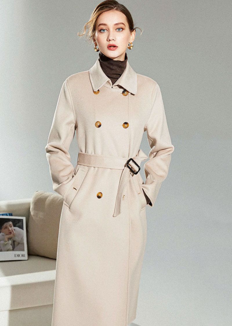 Lichtroze Wollen Trenchcoat Met Dubbele Rij Knopen Winter