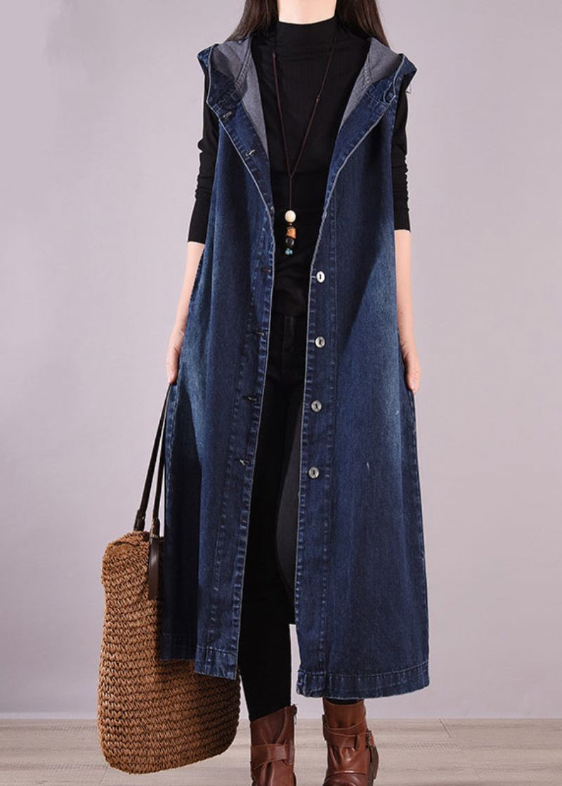 Los Marineblauw Denim Vest Met Knopen En Lange Mouwen Zonder