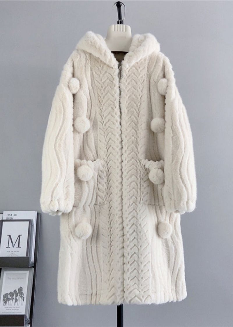 Losse Beige Zip-up Fuzzy Ball Versierde Nertsfluwelen Hoodiejas Winter