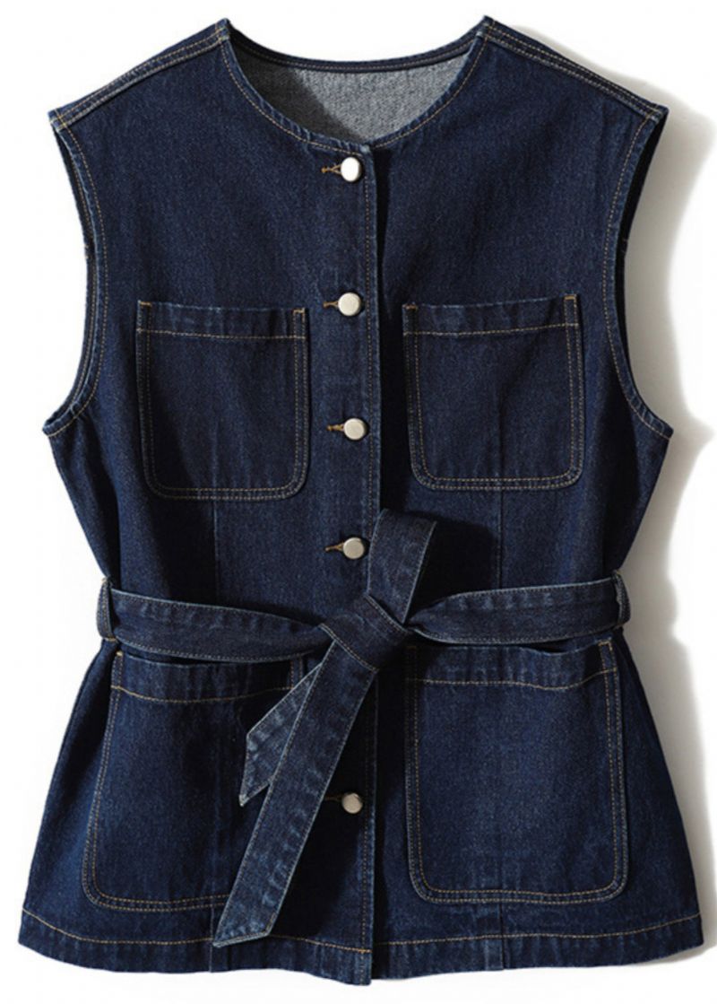 Losse Blauwe Knoopsluiting In De Taillezakken En Denim Vest Zonder Mouwen - Dames winterjassen