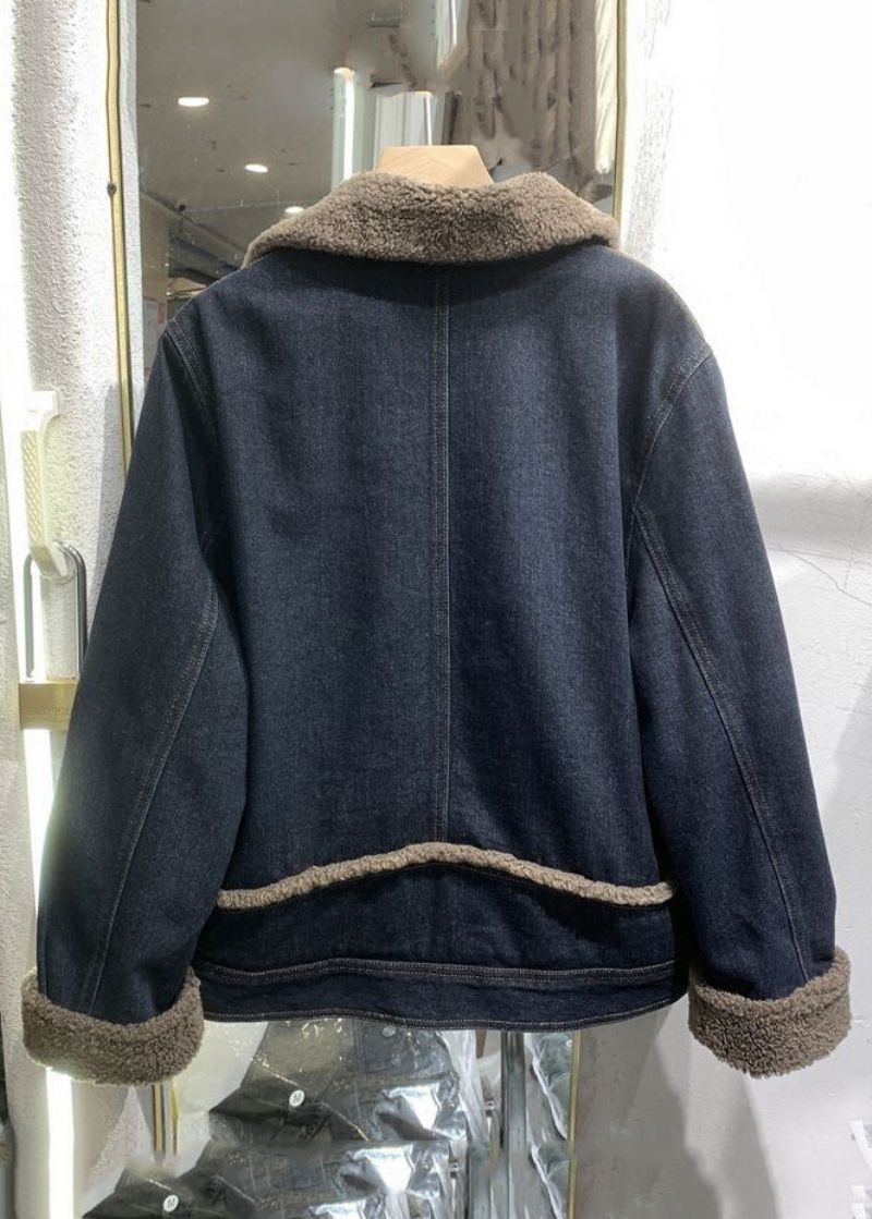 Losse Blauwe Knoopzakken Patchwork Fleece Jas Met Lange Mouwen