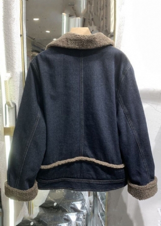 Losse Blauwe Knoopzakken Patchwork Fleece Jas Met Lange Mouwen