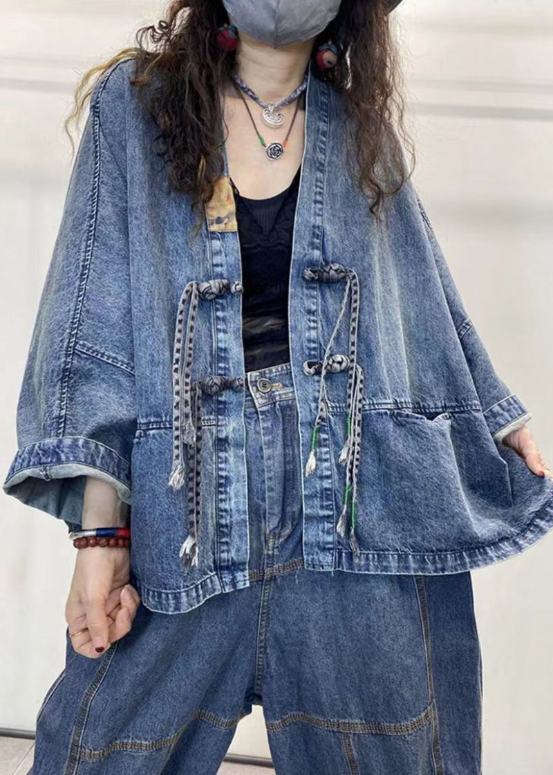 Losse Blauwe V-hals Knoop Patchwork Denim Jassen Met Lange Mouwen