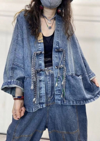 Losse Blauwe V-hals Knoop Patchwork Denim Jassen Met Lange Mouwen