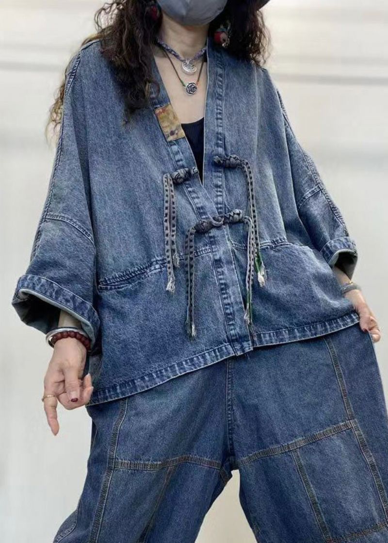 Losse Blauwe V-hals Knoop Patchwork Denim Jassen Met Lange Mouwen - Dames winterjassen