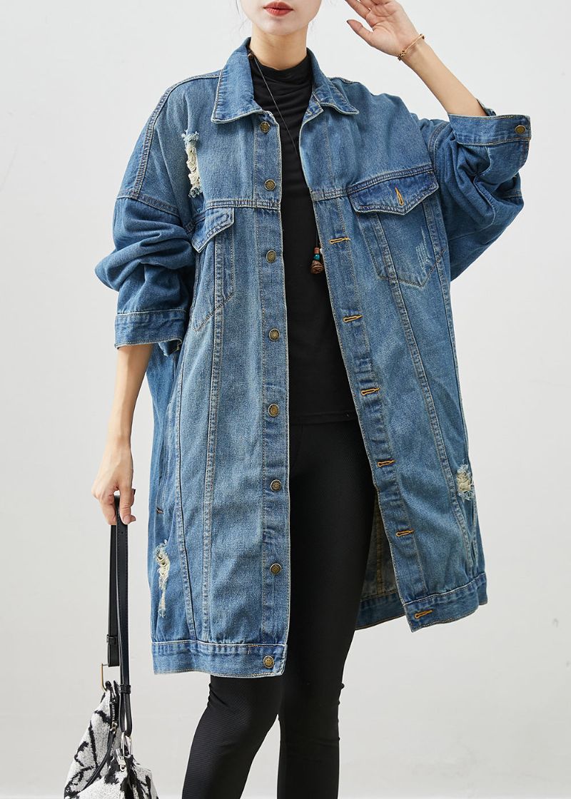 Losse Denimblauwe Oversized Zakken Katoenen Gescheurde Jassen Herfst