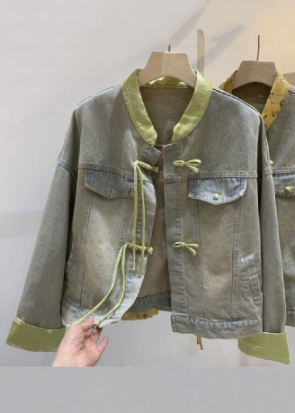 Losse Groene Chinese Knopen Patchwork Denim Jassen Met Lange Mouwen