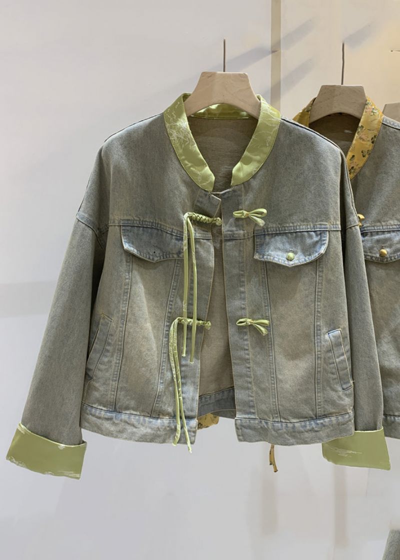 Losse Groene Chinese Knopen Patchwork Denim Jassen Met Lange Mouwen - Dames winterjassen