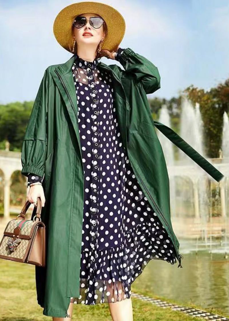 Losse Groene Opstaande Kraag Zakken Patchwork Katoenen Trenchcoat Herfst