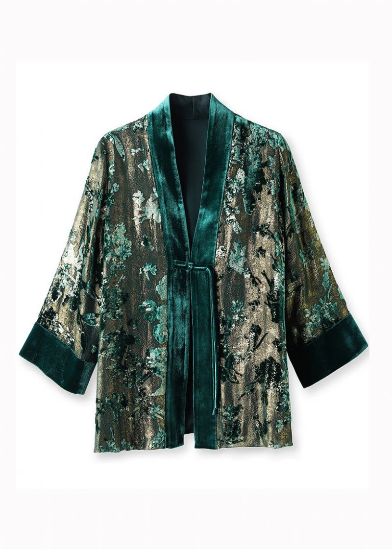 Losse Groene V-hals Jacquard Patchwork Zijden Velours Jassen Herfst - Dames winterjassen