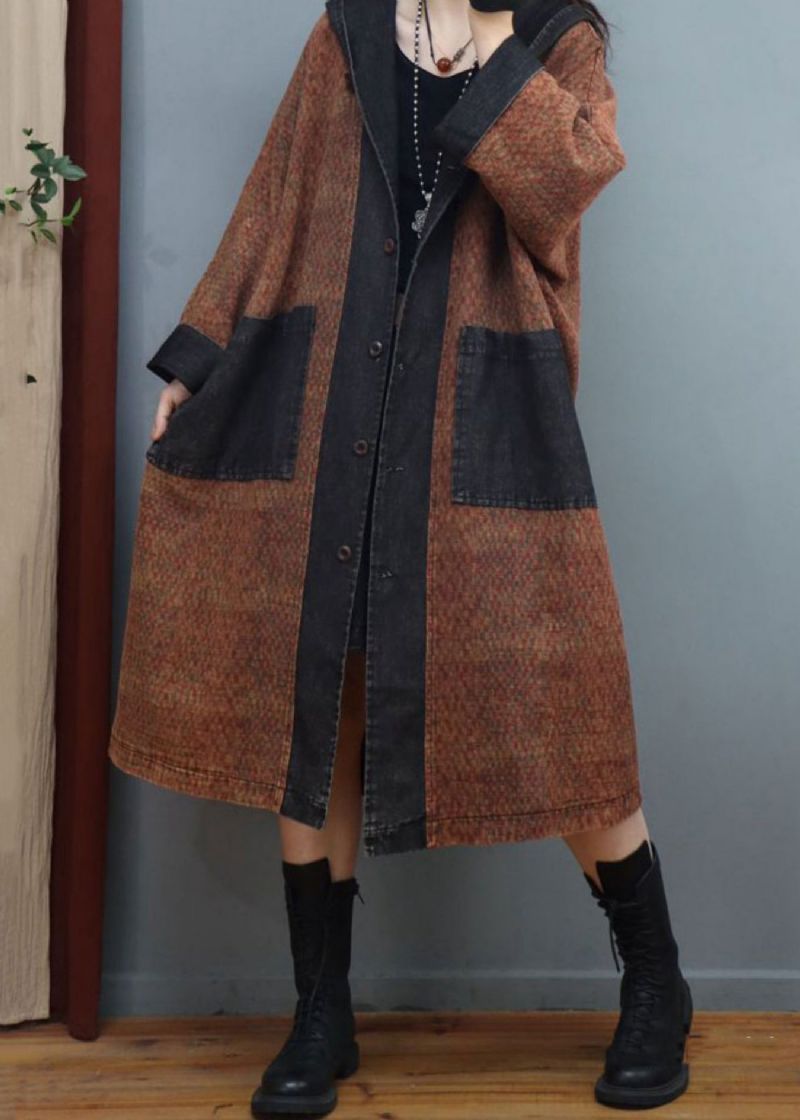 Losse Koffie Capuchon Knoop Denim Patchwork Lange Jassen Herfst - Dames winterjassen