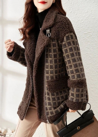 Losse Koffie Geruite Patchwork Teddy Nepbontjas Met Ritssluiting Winter