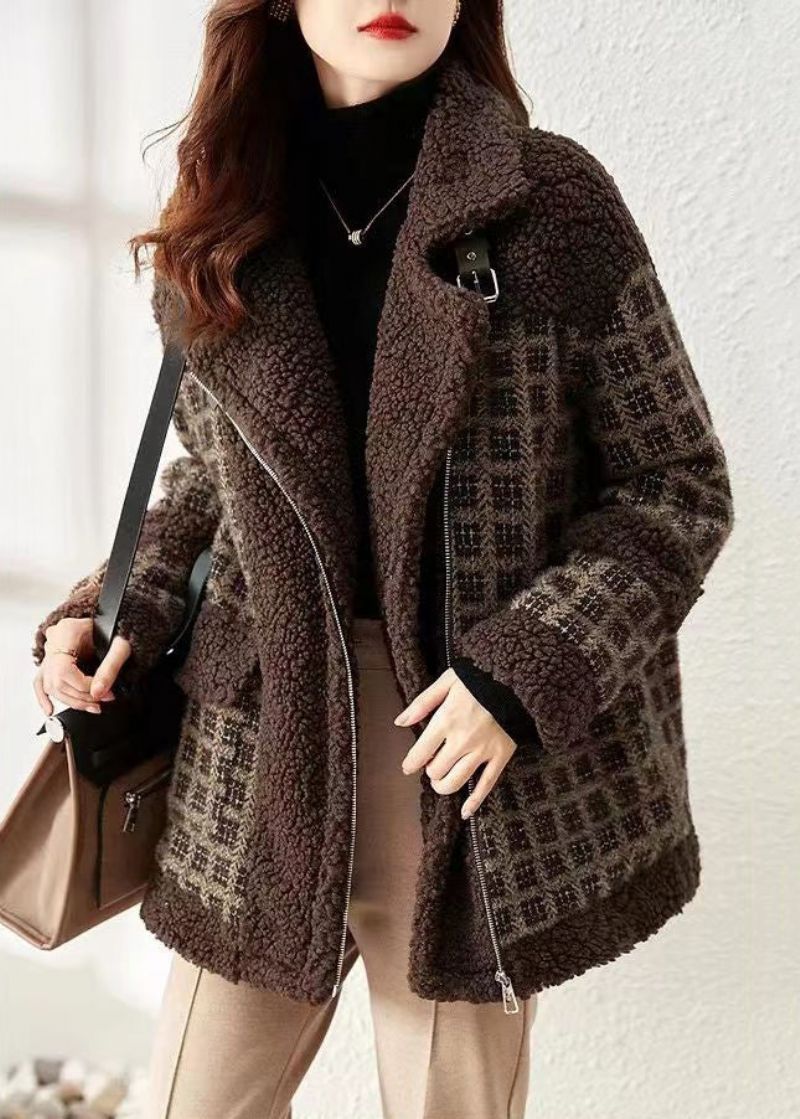 Losse Koffie Geruite Patchwork Teddy Nepbontjas Met Ritssluiting Winter - Dames winterjassen