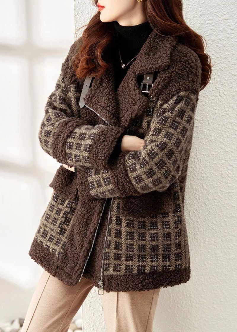 Losse Koffie Geruite Patchwork Teddy Nepbontjas Met Ritssluiting Winter - Dames winterjassen