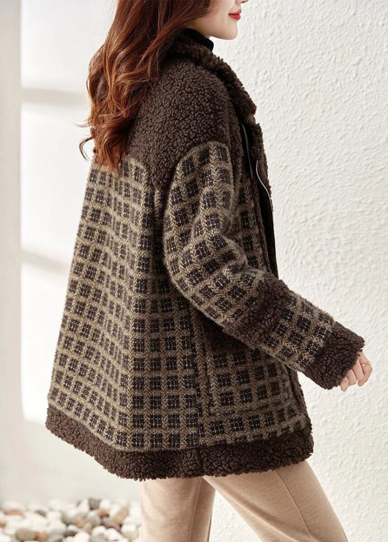 Losse Koffie Geruite Patchwork Teddy Nepbontjas Met Ritssluiting Winter - Dames winterjassen