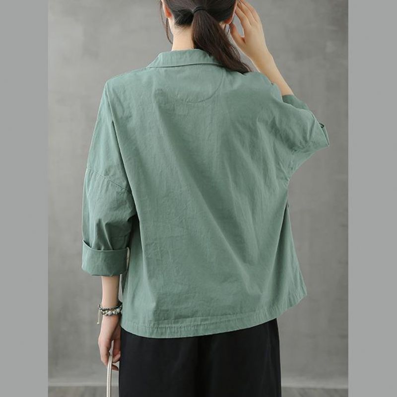 Losse Notched Button Down Herfsttop Inspiration Groene Blouses - Wit