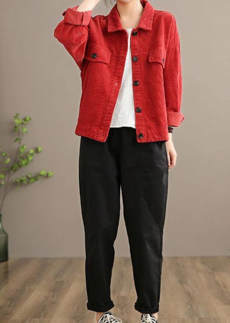 Losse Revers Button-down Fijne Jassen Dames Rood Korte - Rood