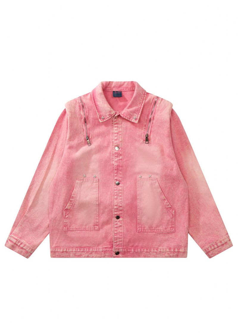 Losse Roze Knoopzakken Met Patchwork Unisex-stijl Denimjassen Herfst - Dames winterjassen