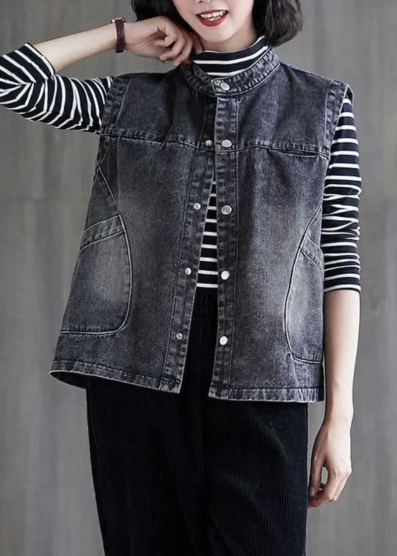 Losse Zwart Grijze Kleur O-hals Patchwork Knoopzakken Denim Vest Zonder Mouwen