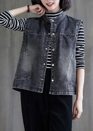 Losse Zwart Grijze Kleur O-hals Patchwork Knoopzakken Denim Vest Zonder Mouwen