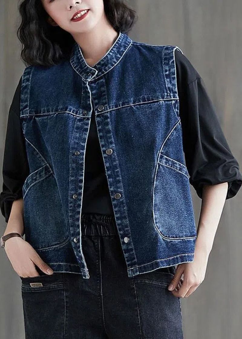 Losse Zwart Grijze Kleur O-hals Patchwork Knoopzakken Denim Vest Zonder Mouwen - Zwart Grijze Kleur