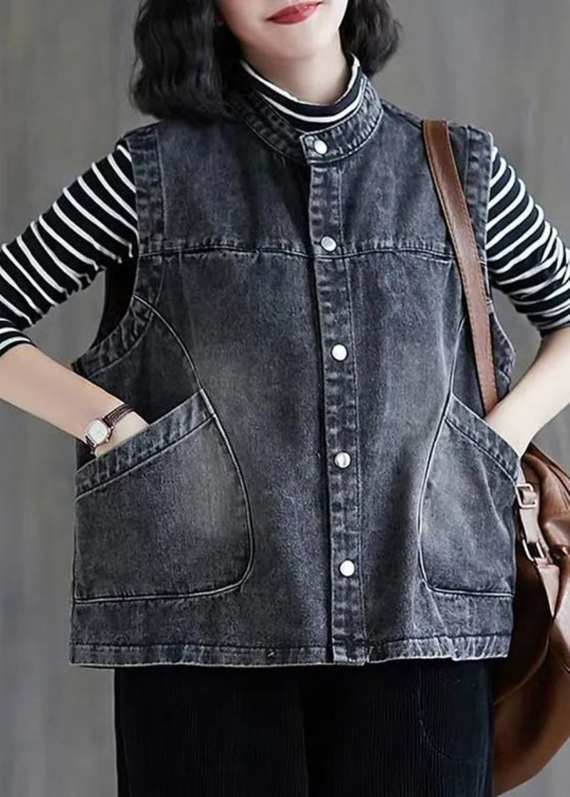 Losse Zwart Grijze Kleur O-hals Patchwork Knoopzakken Denim Vest Zonder Mouwen - Zwart Grijze Kleur