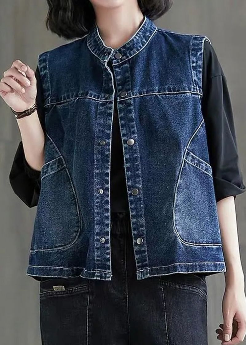 Losse Zwart Grijze Kleur O-hals Patchwork Knoopzakken Denim Vest Zonder Mouwen - Zwart Grijze Kleur