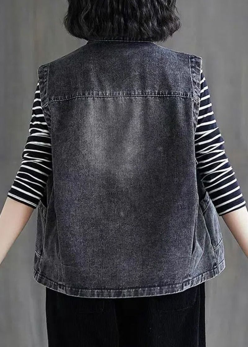 Losse Zwart Grijze Kleur O-hals Patchwork Knoopzakken Denim Vest Zonder Mouwen - Zwart Grijze Kleur