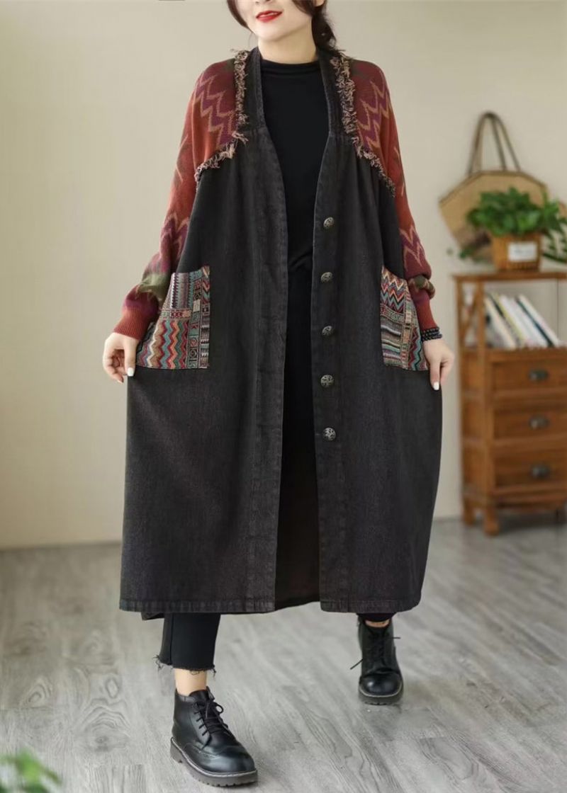 Losse Zwarte Knoopgebreide Patchwork Denim Lange Jassen Met Mouwen - Dames winterjassen