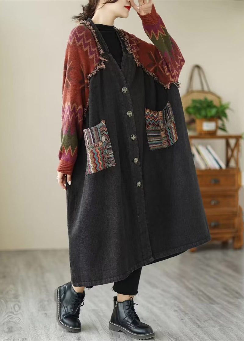 Losse Zwarte Knoopgebreide Patchwork Denim Lange Jassen Met Mouwen - Dames winterjassen