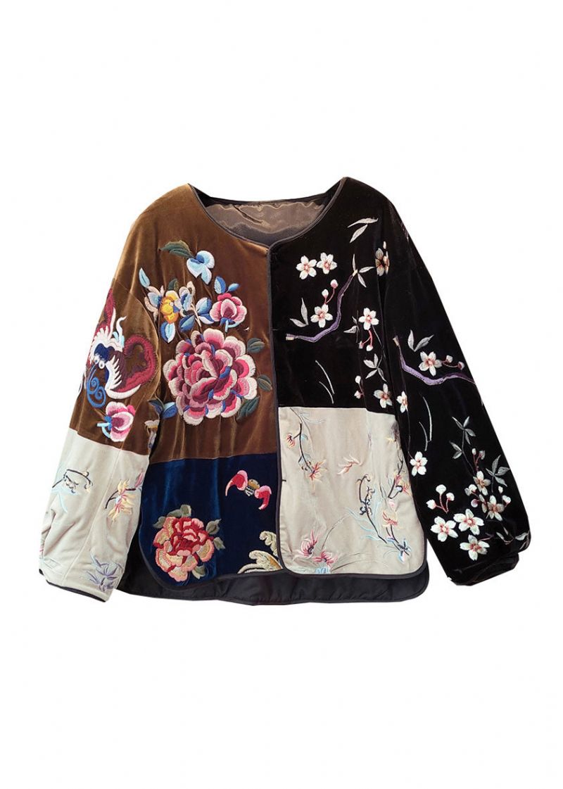 Losse Zwarte O-hals Print Patchwork Knoop Warme Fleece Velours Jassen Winter - Dames winterjassen