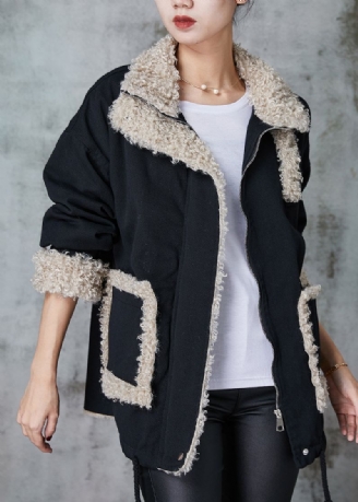 Losse Zwarte Oversized Patchwork Fleece Wol Gevoerde Jas Winter