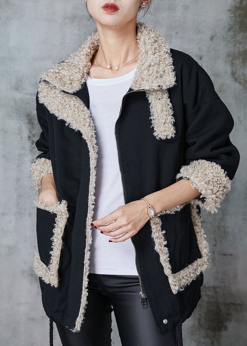 Losse Zwarte Oversized Patchwork Fleece Wol Gevoerde Jas Winter - Dames winterjassen