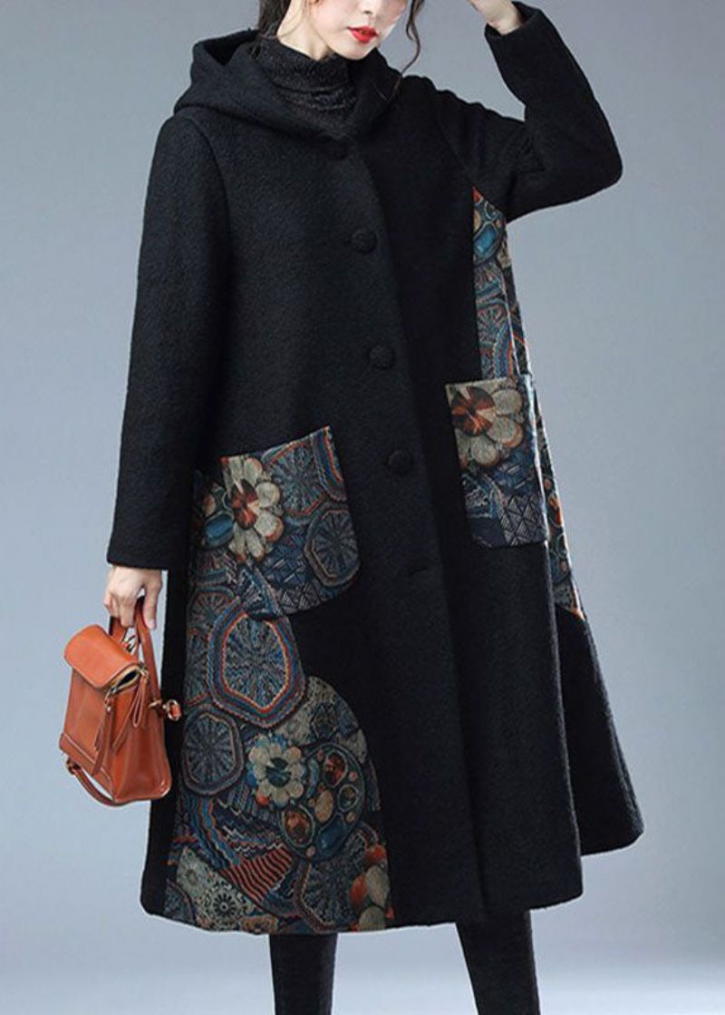 Losse Zwarte Zakken Met Capuchon Print Warm Nertsenhaar Wollen Trenchcoat Winter - Dames winterjassen