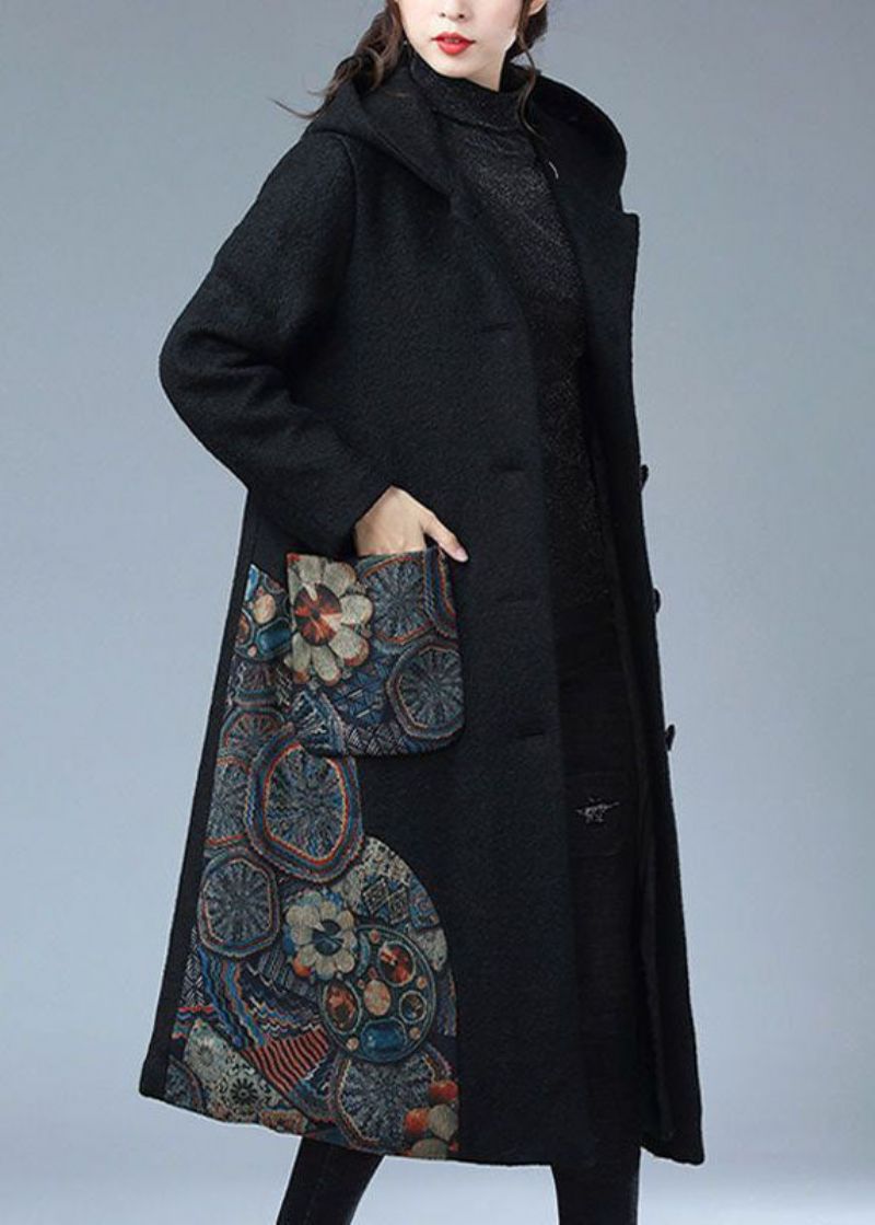 Losse Zwarte Zakken Met Capuchon Print Warm Nertsenhaar Wollen Trenchcoat Winter - Dames winterjassen