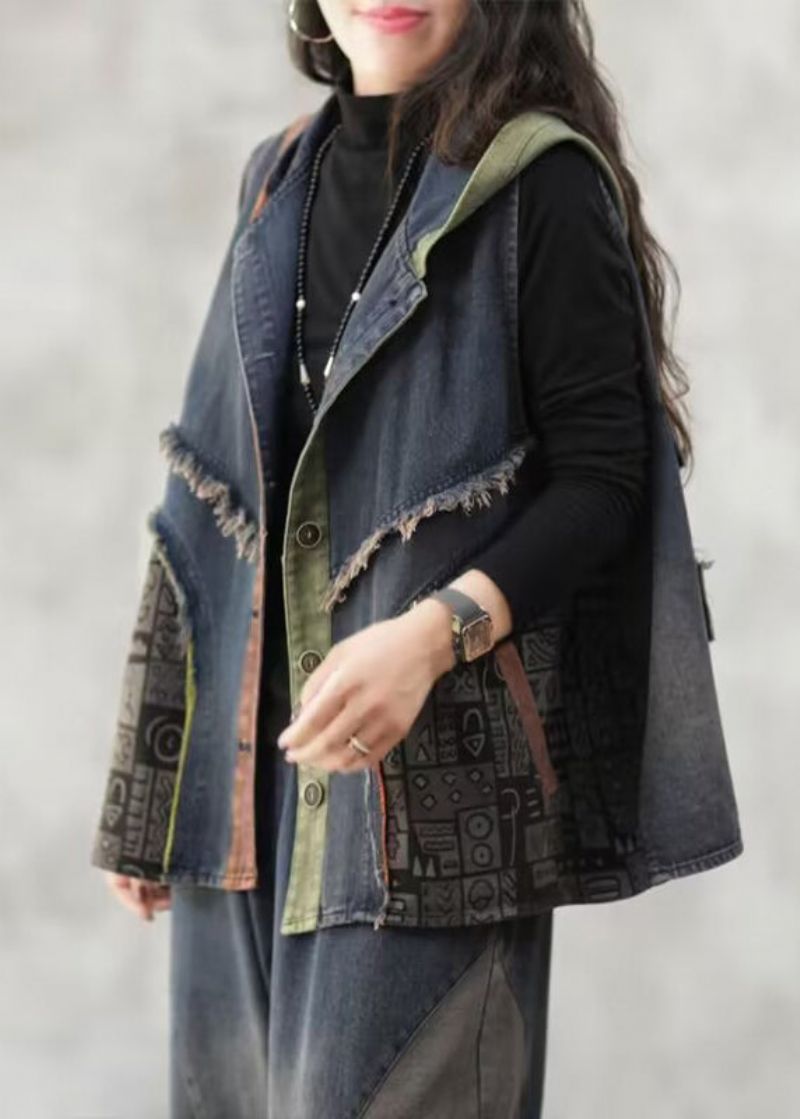 Losvallend Blauw Mouwloos Denim Vest Met Capuchon En Patchwork