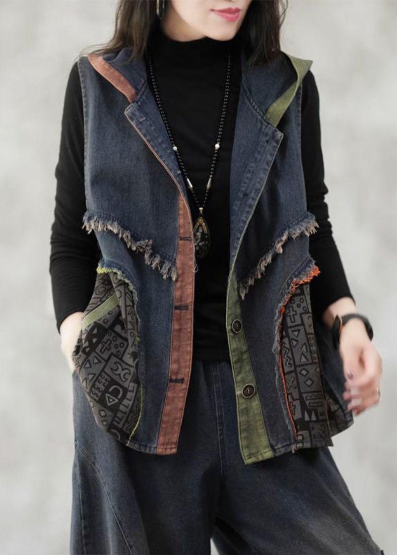 Losvallend Blauw Mouwloos Denim Vest Met Capuchon En Patchwork - Dames winterjassen