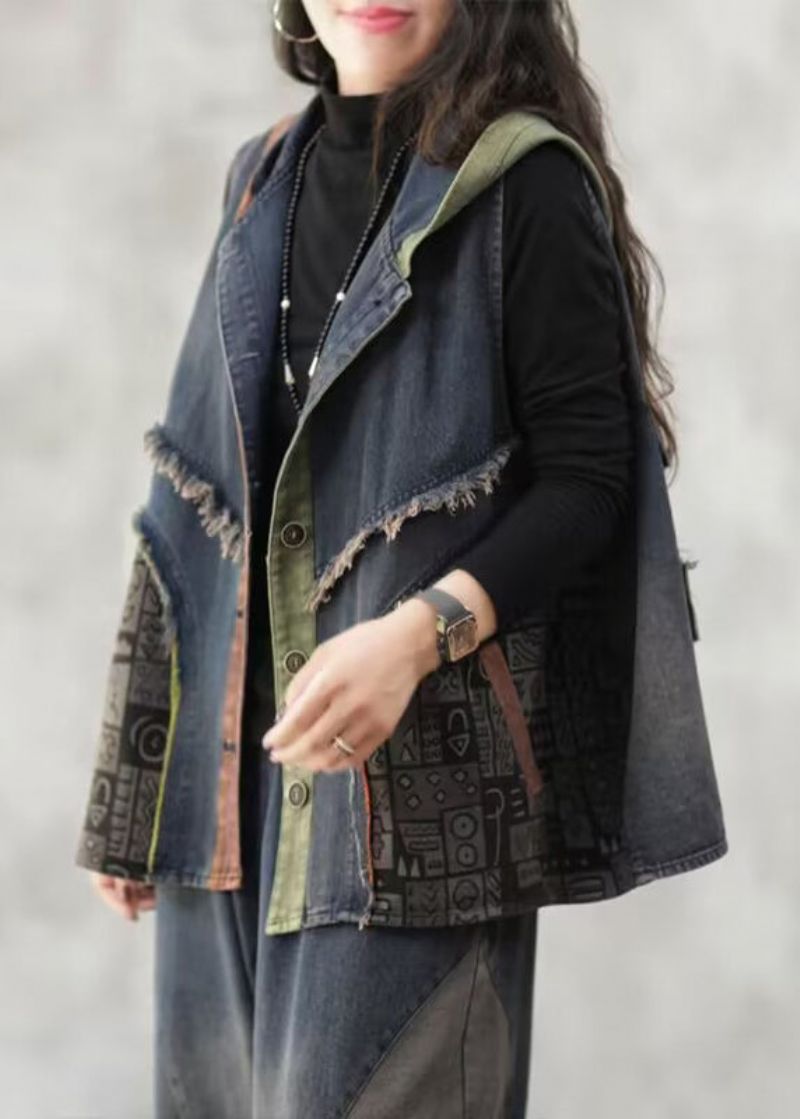 Losvallend Blauw Mouwloos Denim Vest Met Capuchon En Patchwork - Dames winterjassen