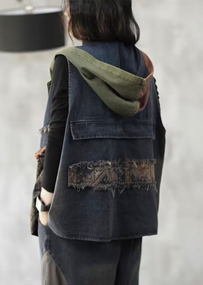 Losvallend Blauw Mouwloos Denim Vest Met Capuchon En Patchwork - Dames winterjassen