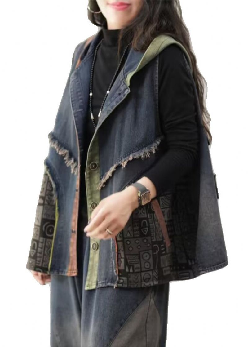 Losvallend Blauw Mouwloos Denim Vest Met Capuchon En Patchwork - Dames winterjassen